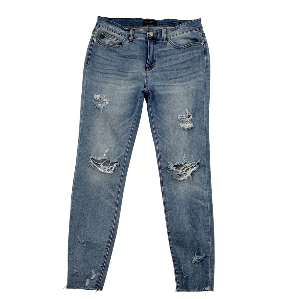 Judy Blue 11/30 Skinny Fit Distressed Ripped Raw Hem Jeans Medium Wash JB82144MD